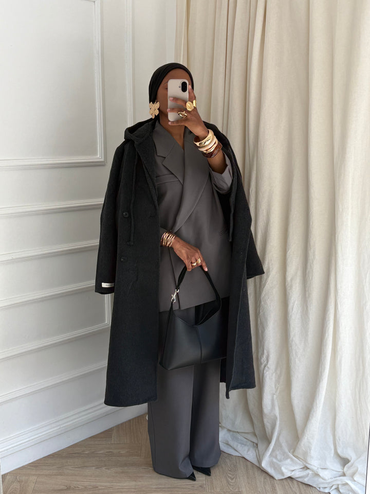 Manteau Capuche Amovible Collection Luxe – Gris foncé