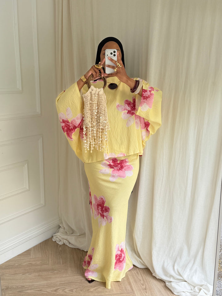ENSEMBLE SUMMER JUPE FLEURS JAUNE ET ROSE
