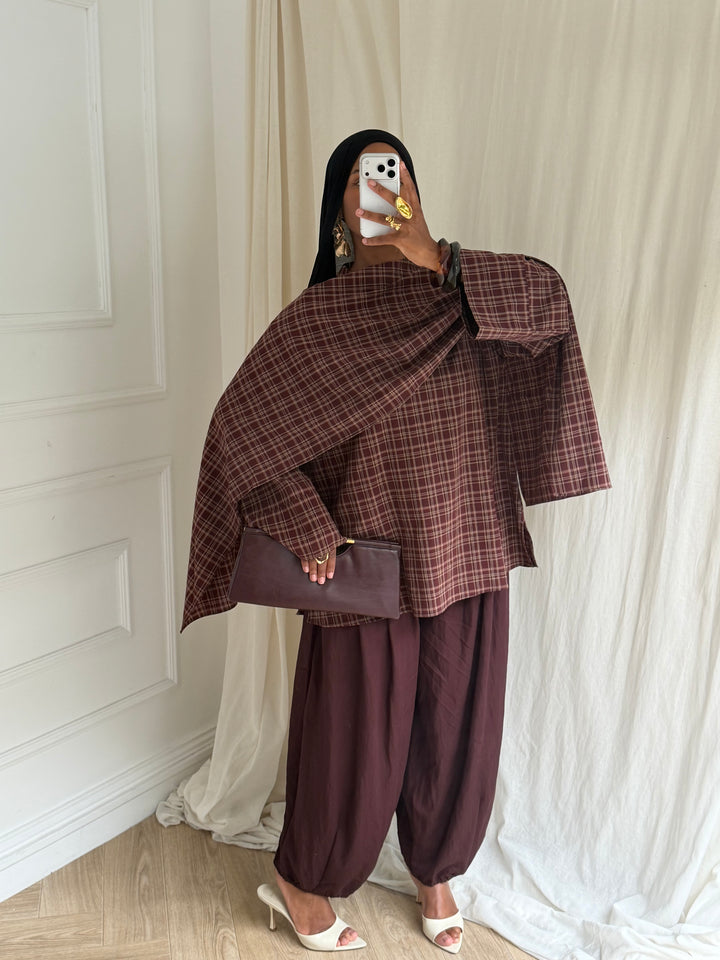 BLOUSE CARREAUX AVEC CAPE BORDEAUX