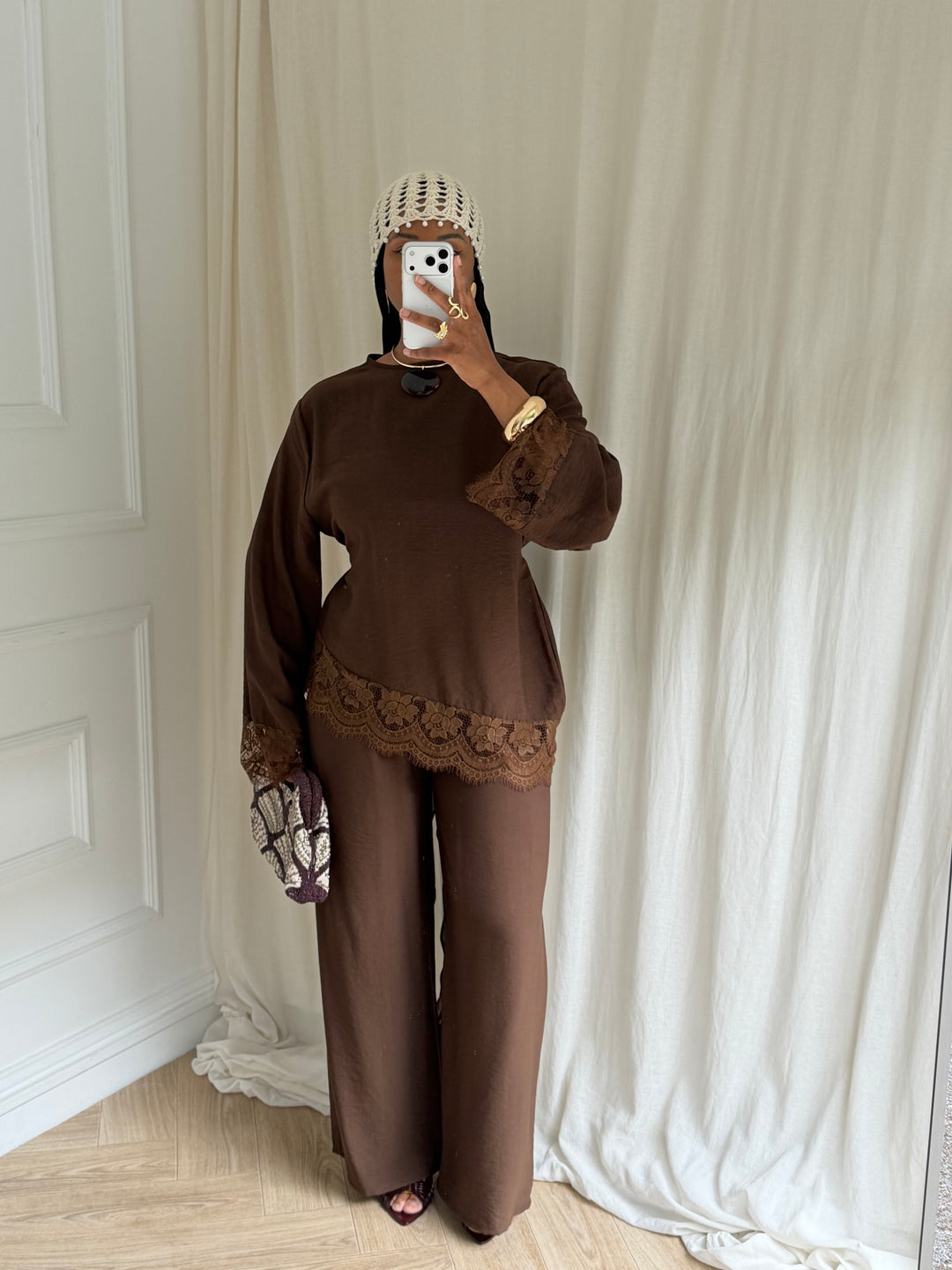 ENSEMBLE PANTALON DENTELLE MARRON