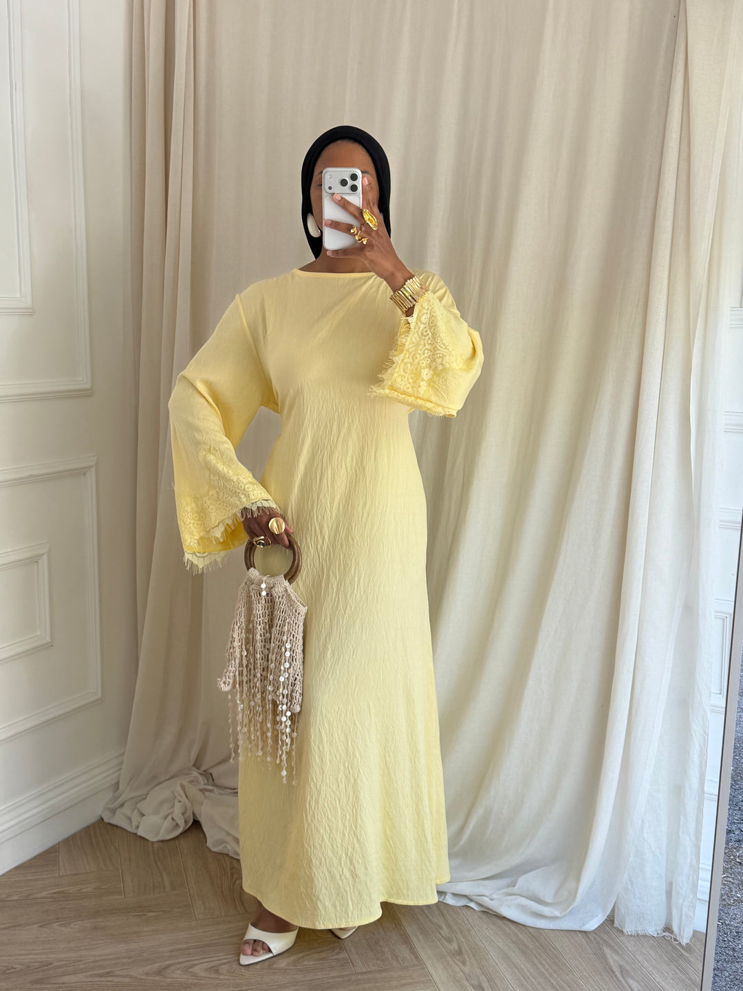 ROBE MANCHE DENTELLE PRINTEMPS JAUNE