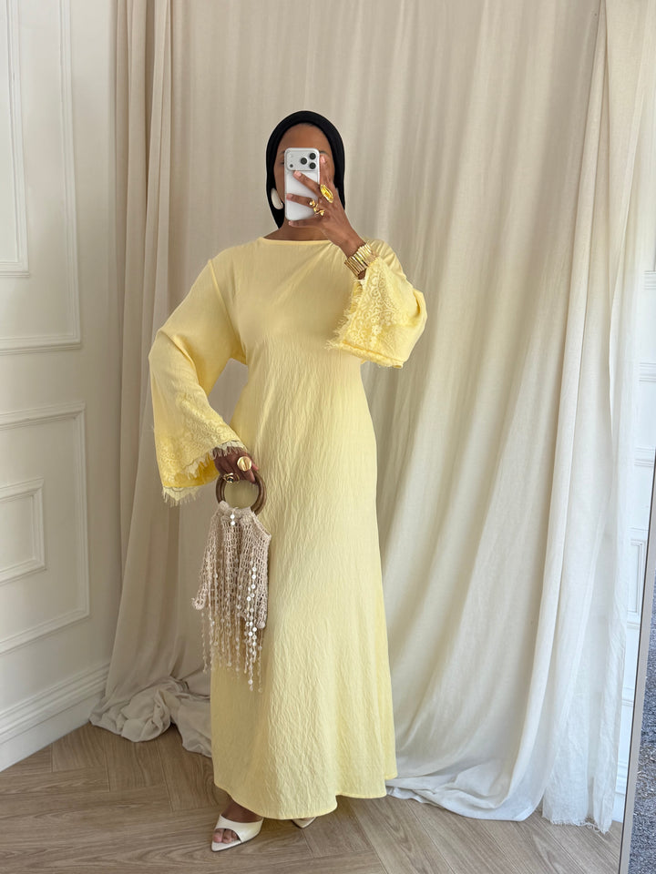 ROBE MANCHE DENTELLE PRINTEMPS JAUNE