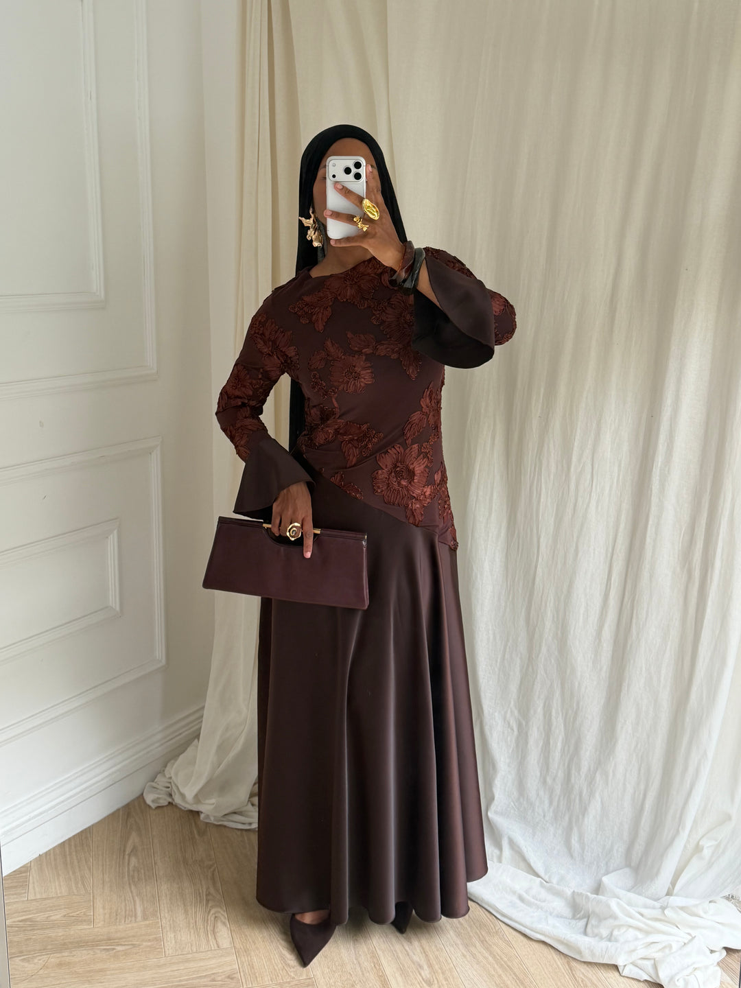 ROBE LONGUE FLEURS BRODÉ MARRON