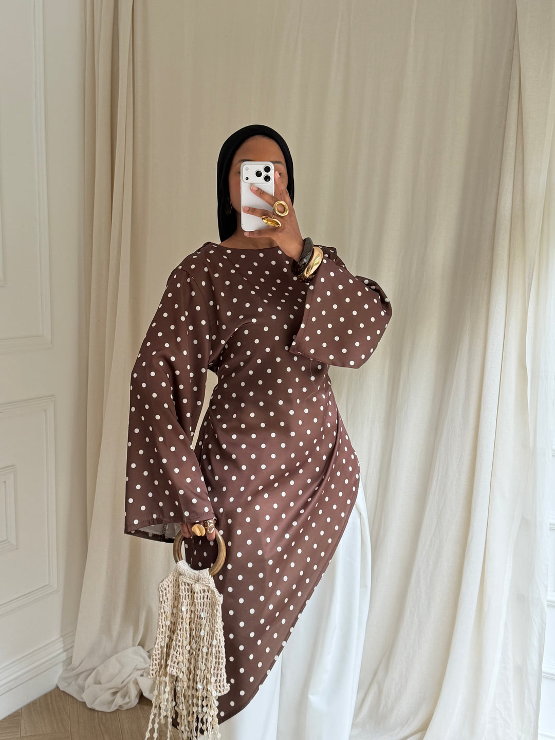 BLOUSE LONGUE À POIS MARRON