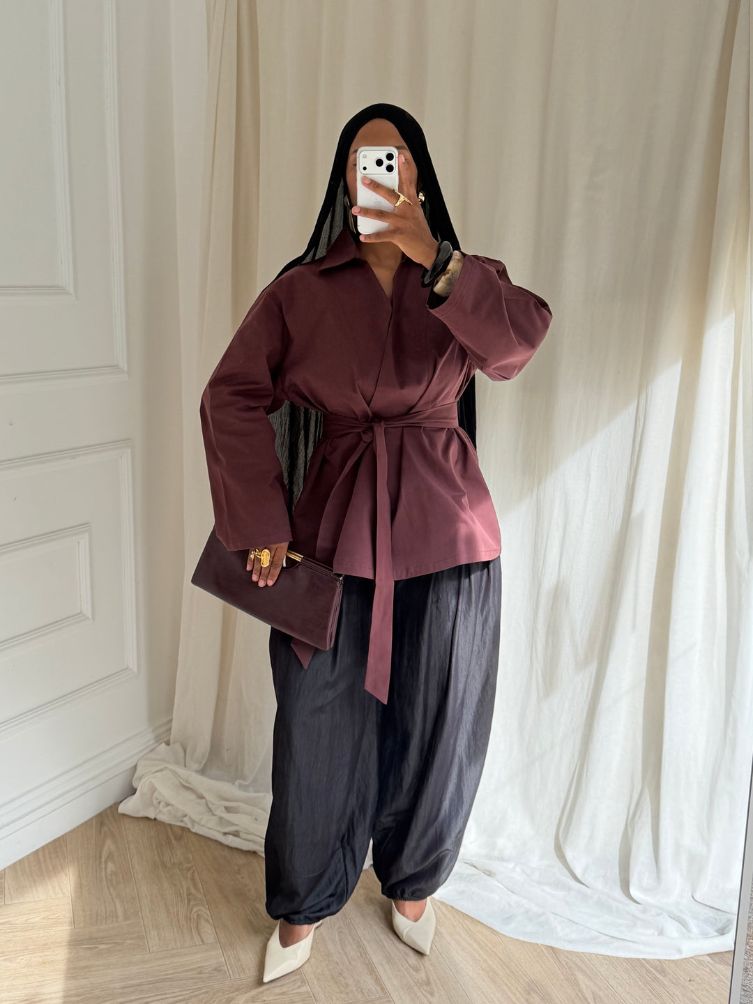 TOP OVERSIZE A CEINTURE COTON BORDEAUX