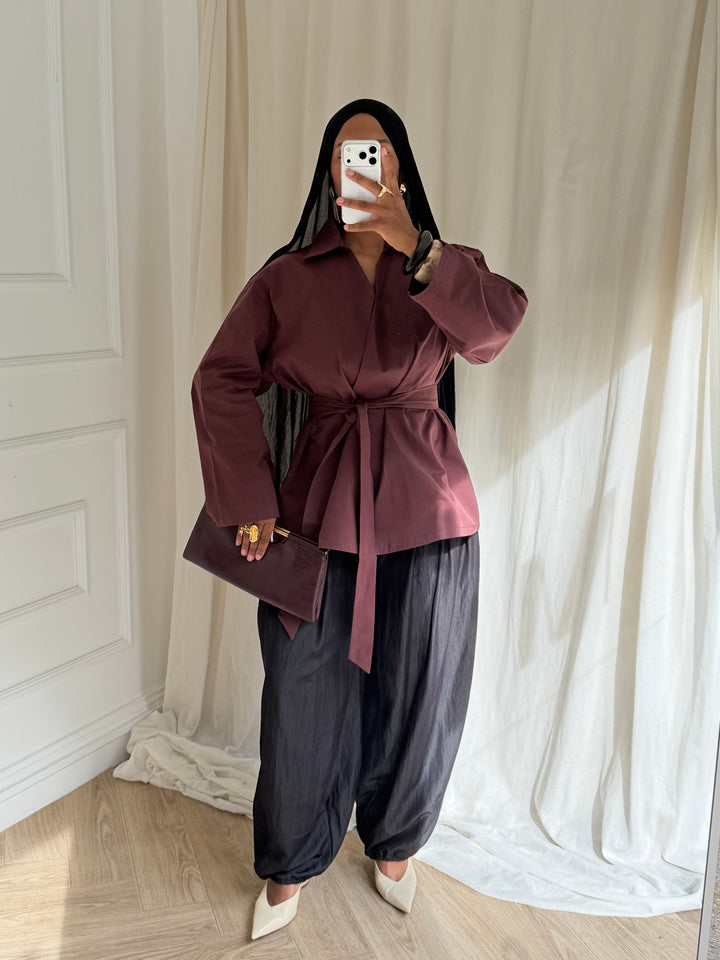 TOP OVERSIZE A CEINTURE COTON BORDEAUX