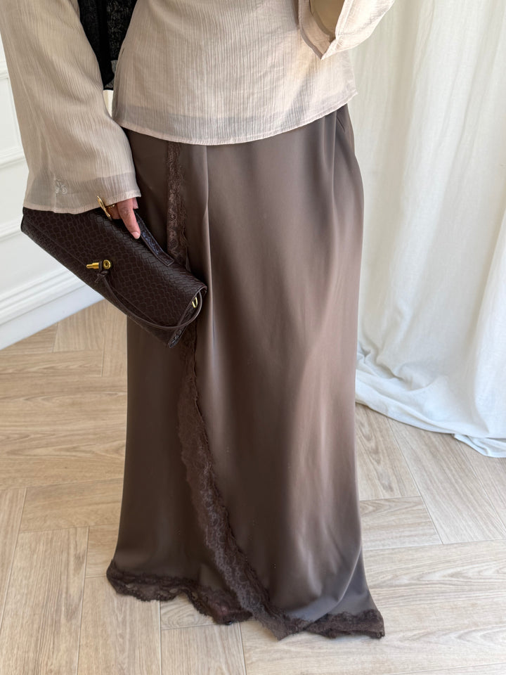 MAXI JUPE SATIN DENTELLE MARRON