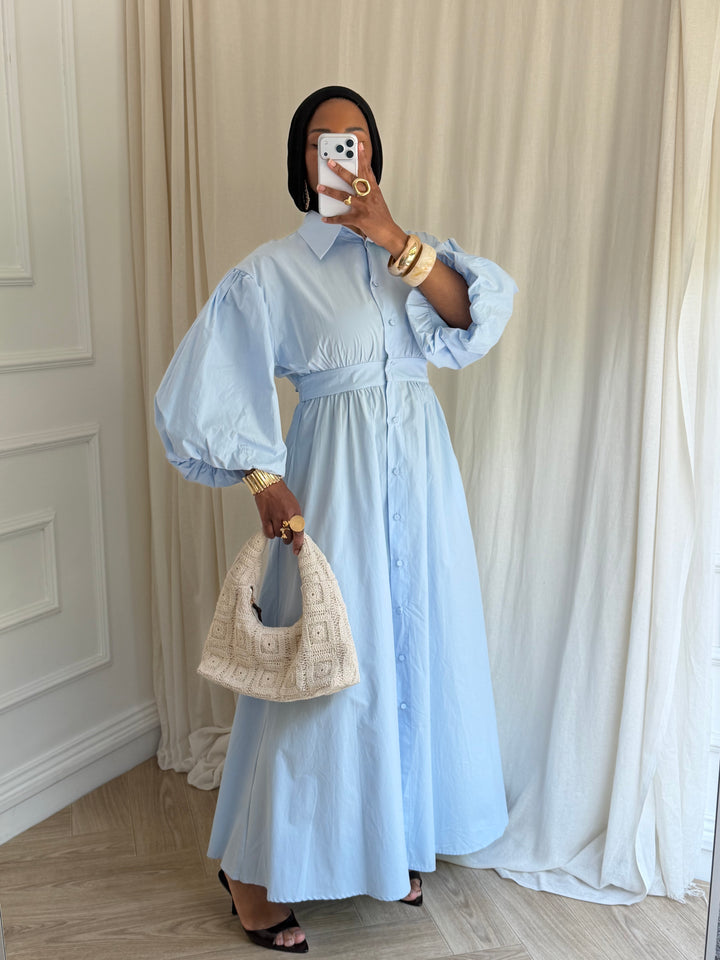 ROBE MANCHE BALLON BLEU CIEL