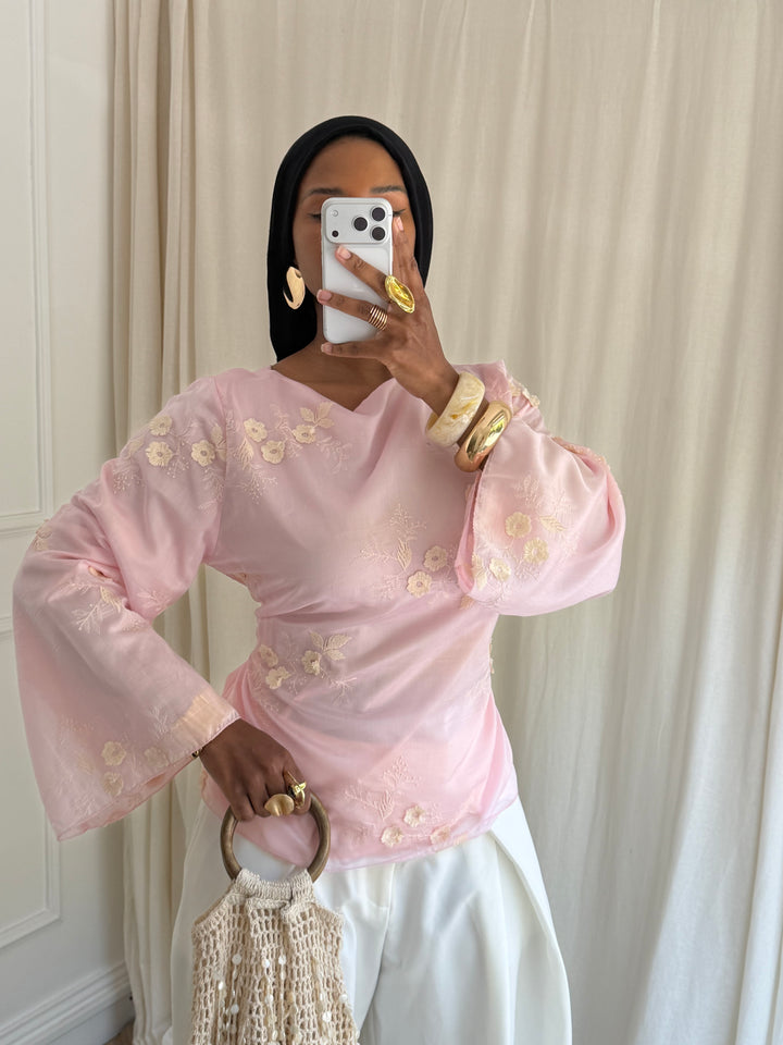 BLOUSE COURTE À FLEURS ROSE