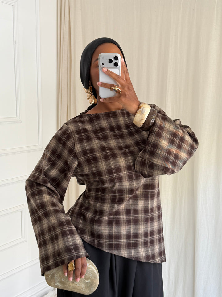 BLOUSE À CARREAU ASYMÉTRIQUE MARRON