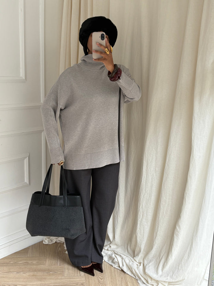 PULL FIN COL ROULÉ GRIS CLAIR