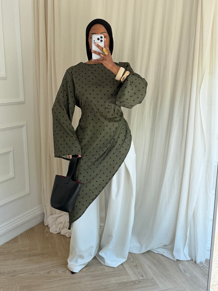 BLOUSE LONGUE À POIS KAKI