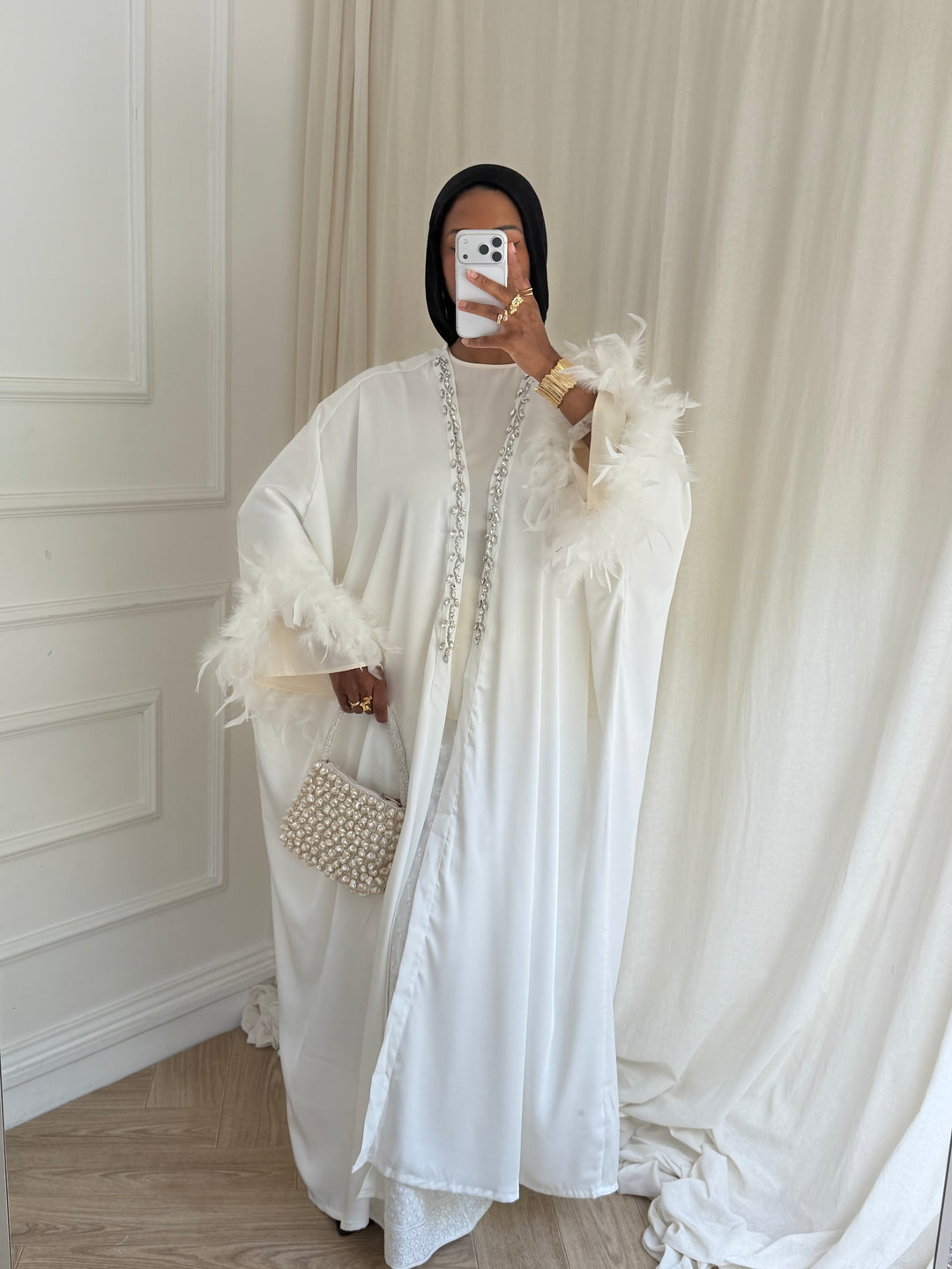 KIMONO STRASS ET PLUME BLANC
