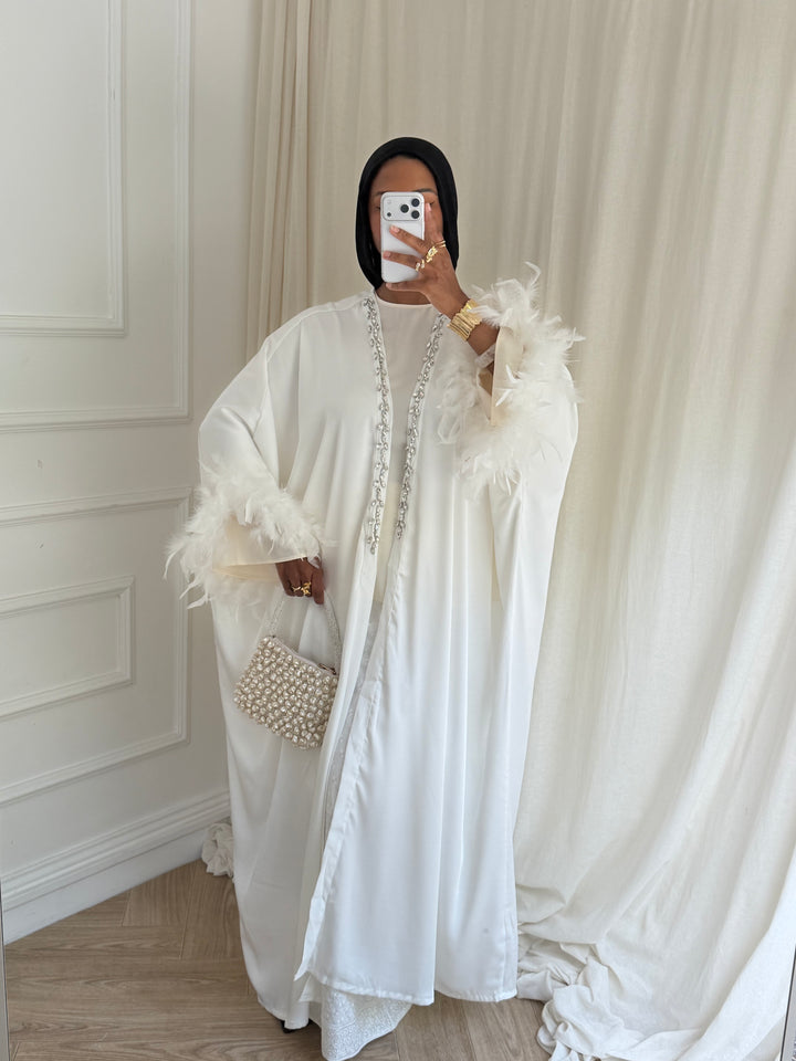 KIMONO STRASS ET PLUME BLANC