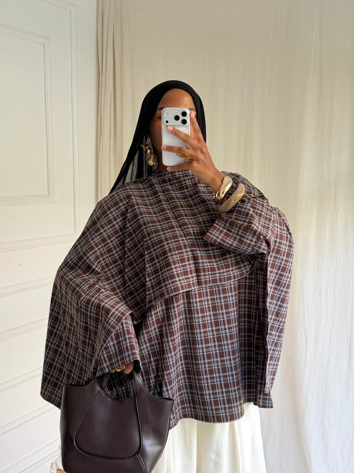 BLOUSE CARREAUX AVEC CAPE COFFEE BLUE