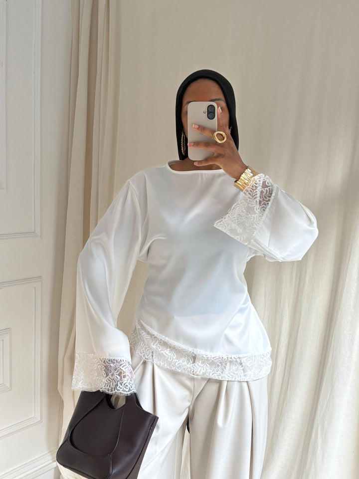 BLOUSE SATINÉE DENTELLE BLANC