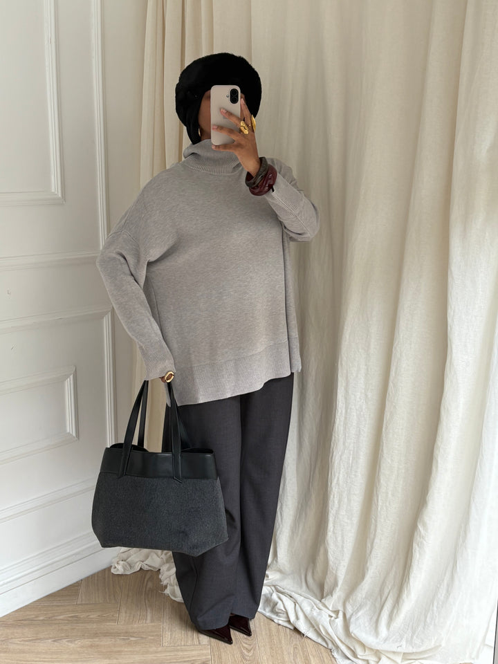 PULL FIN COL ROULÉ GRIS CLAIR