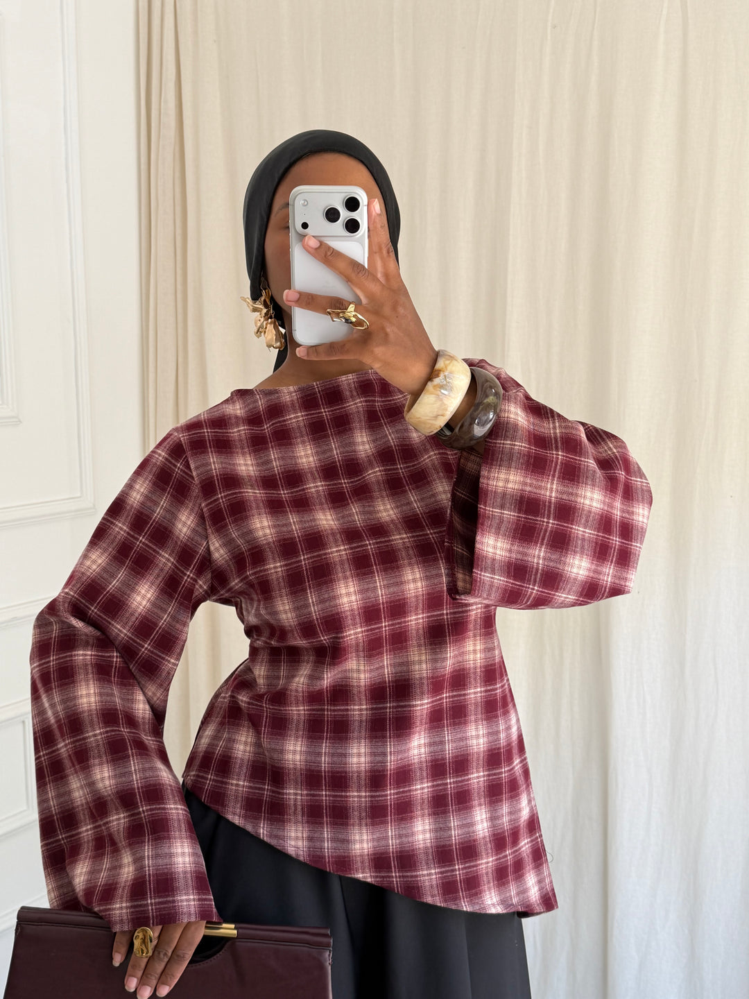 BLOUSE À CARREAU ASYMÉTRIQUE BORDEAUX