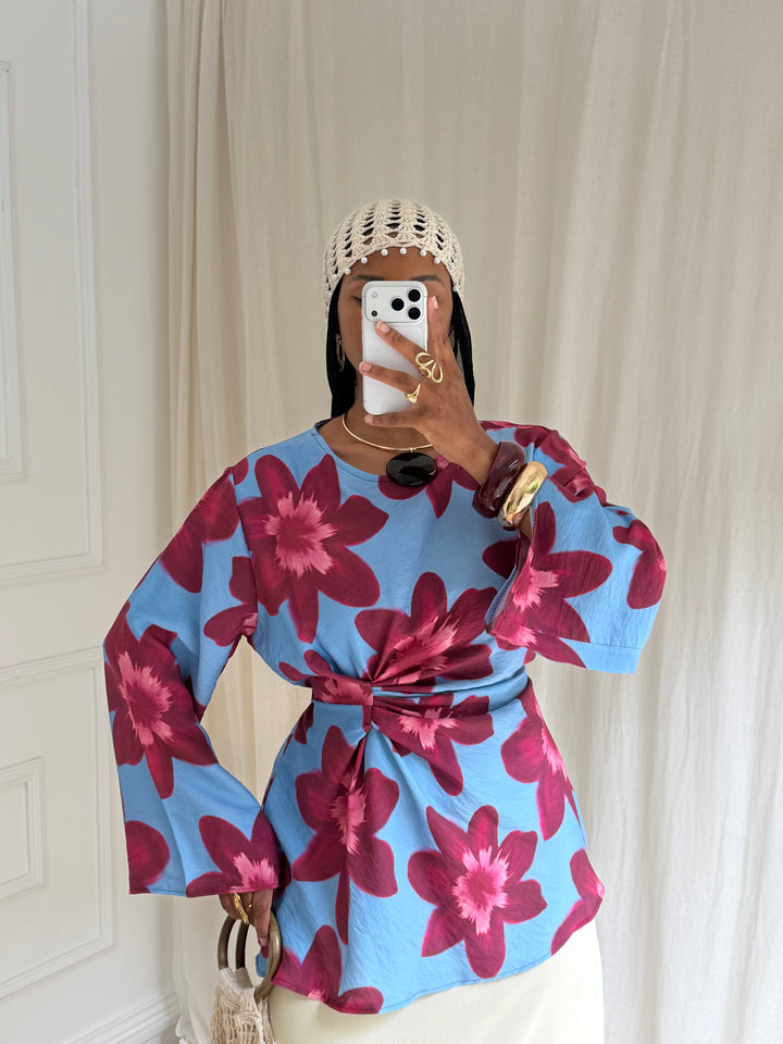 BLOUSE IMPRIMÉ SUMMER BLEU ET PRUNE
