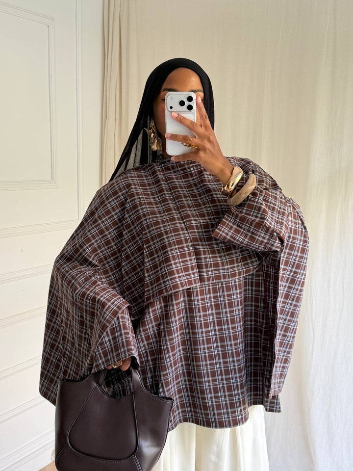BLOUSE CARREAUX AVEC CAPE COFFEE BLUE