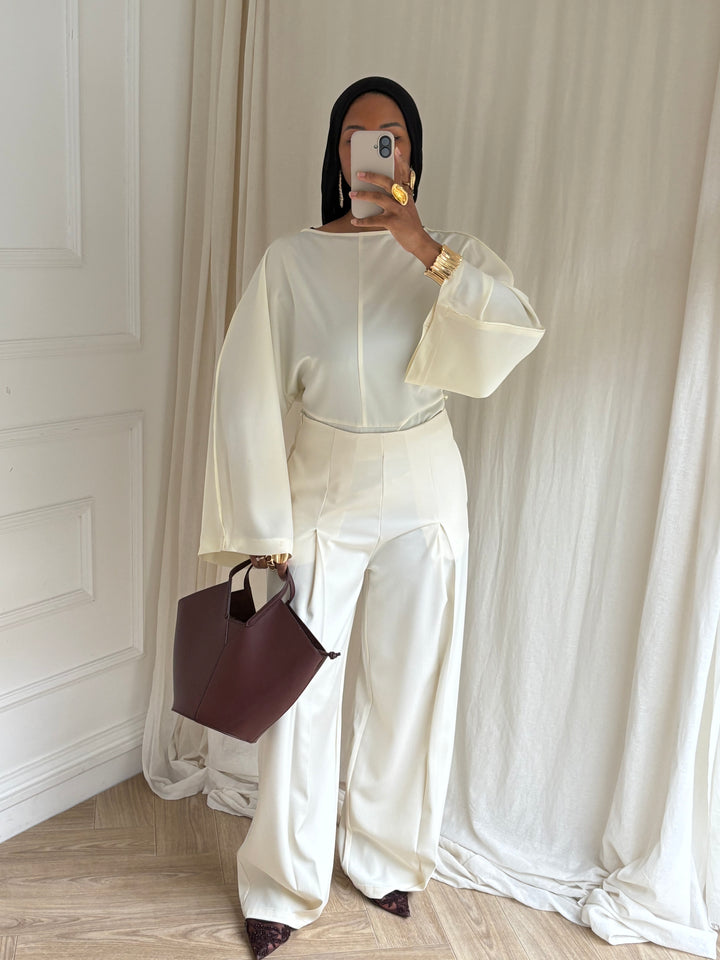 PANTALON LARGE TAILLE HAUTE CRÈME