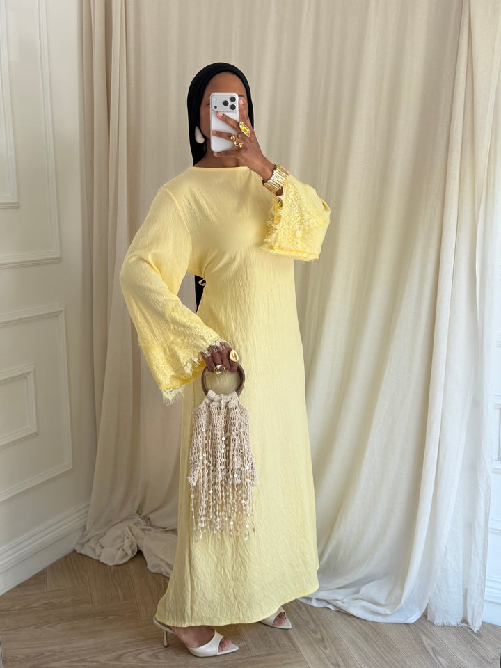 ROBE MANCHE DENTELLE PRINTEMPS JAUNE