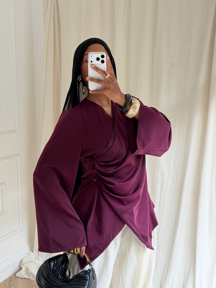 TOP SATIN DENTELLE BORDEAUX