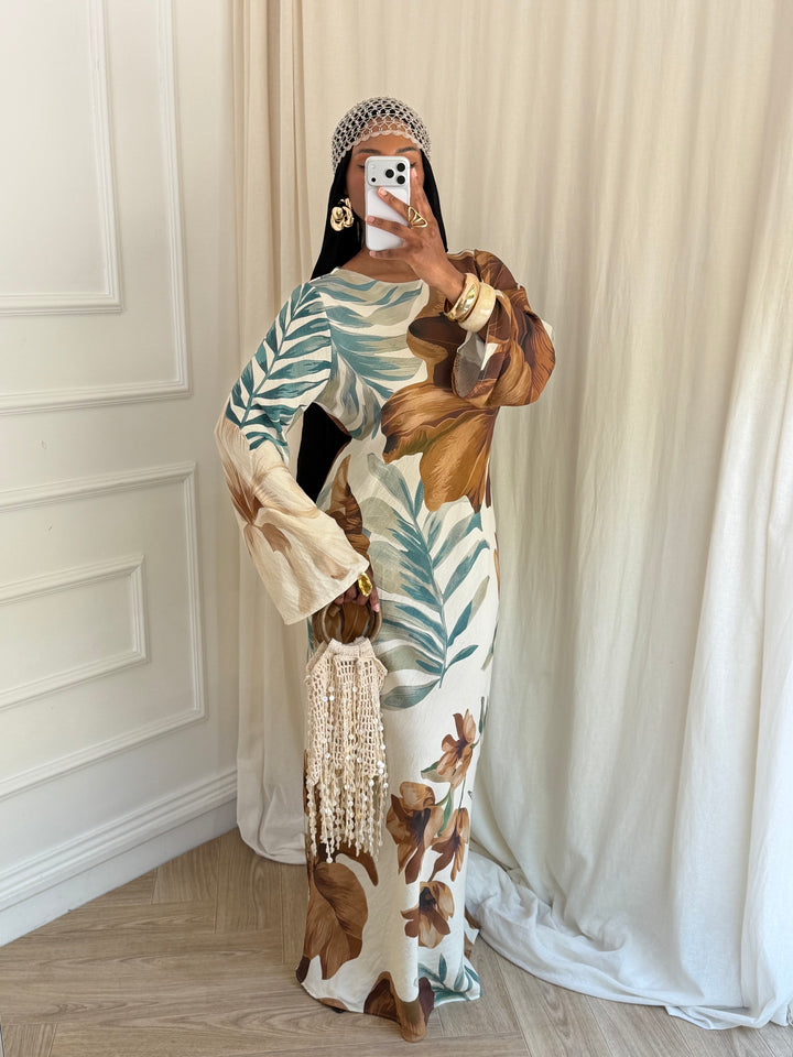 MAXI ROBE IMPRIMÉ SUMMER CAMEL ET VERT D’EAU