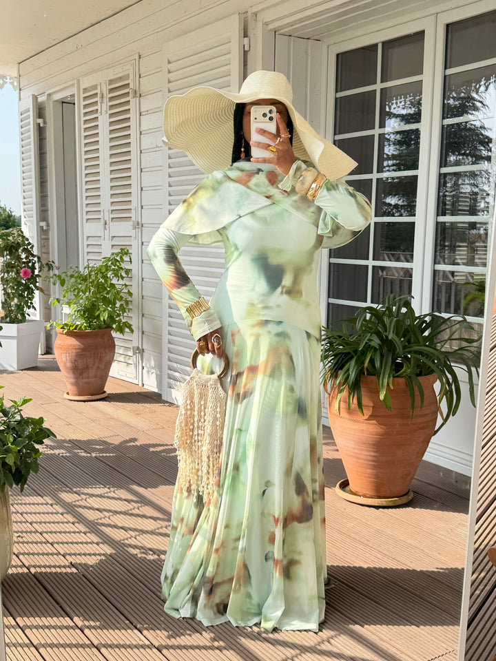 ROBE IMPRIMÉE DRAPÉE LUXE VERT