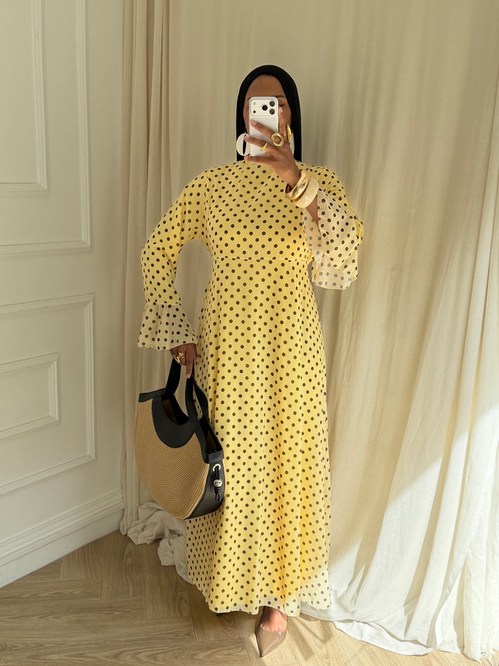 ROBE LONGUE À POIS JAUNE