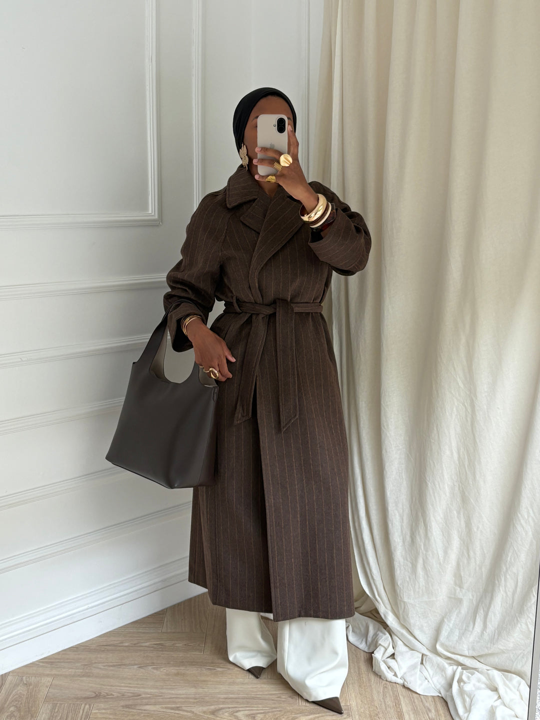 MANTEAU LONG RAYURES MARRON