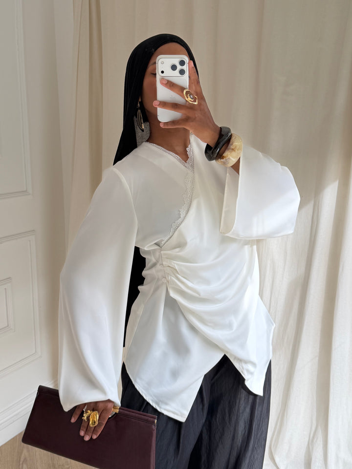 TOP SATIN DENTELLE BLANC