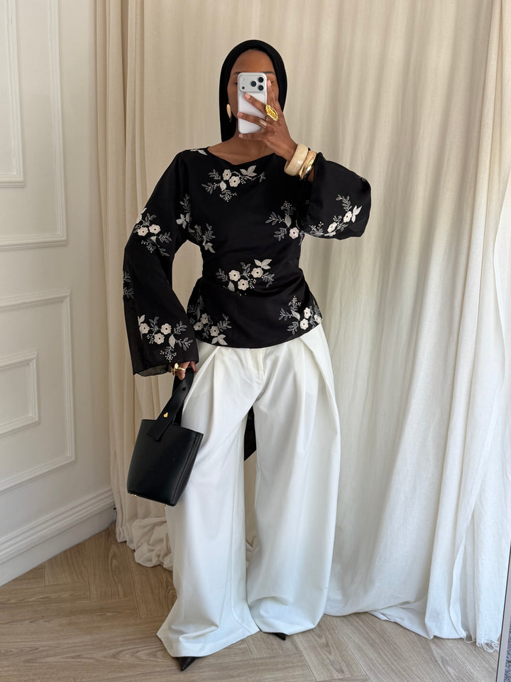 BLOUSE COURTE À FLEURS NOIRE