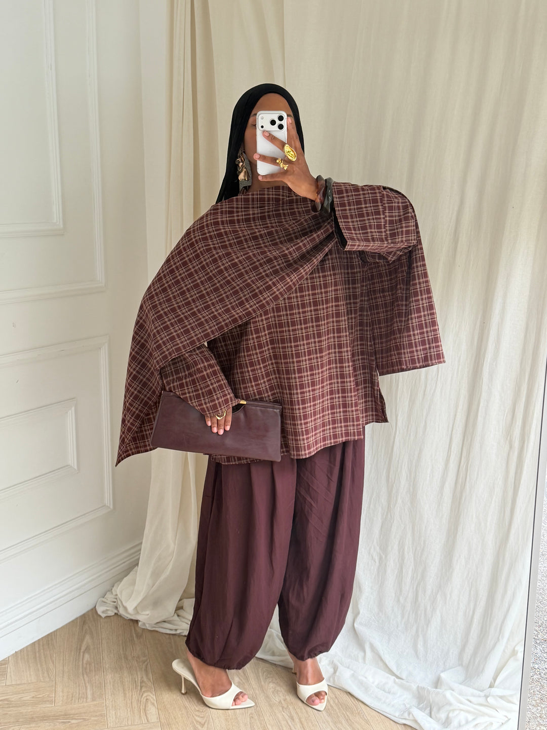 BLOUSE CARREAUX AVEC CAPE BORDEAUX
