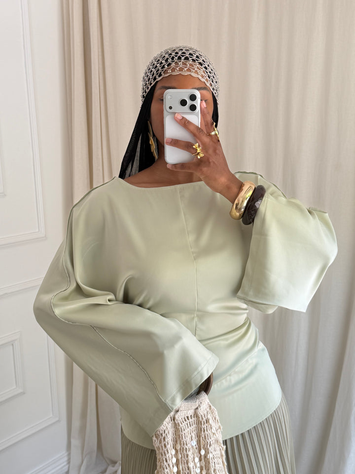 BLOUSE SATIN MANCHES ÉVASÉE VERT