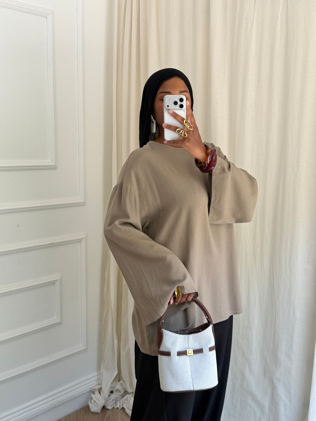 TOP LONG BASIC LIN TAUPE