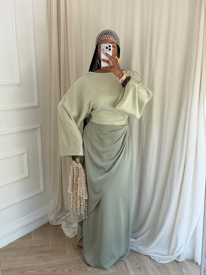 JUPE SATIN DRAPÉE VERT