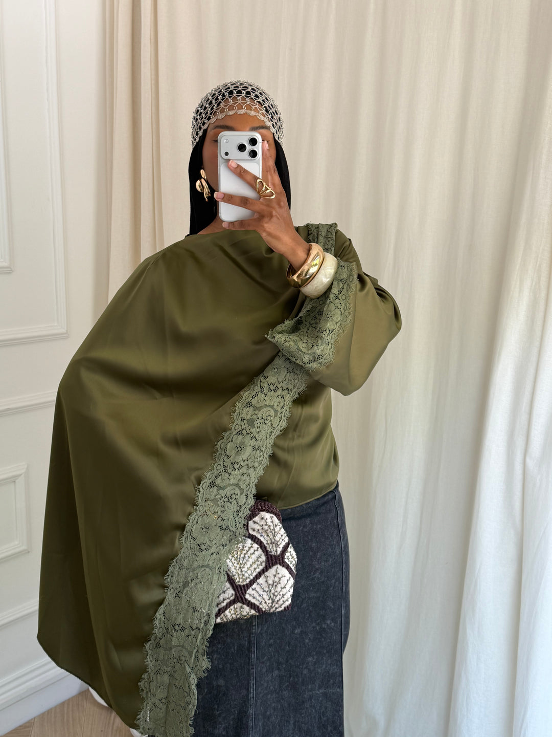 BLOUSE DENTELLE CAPE KAKI