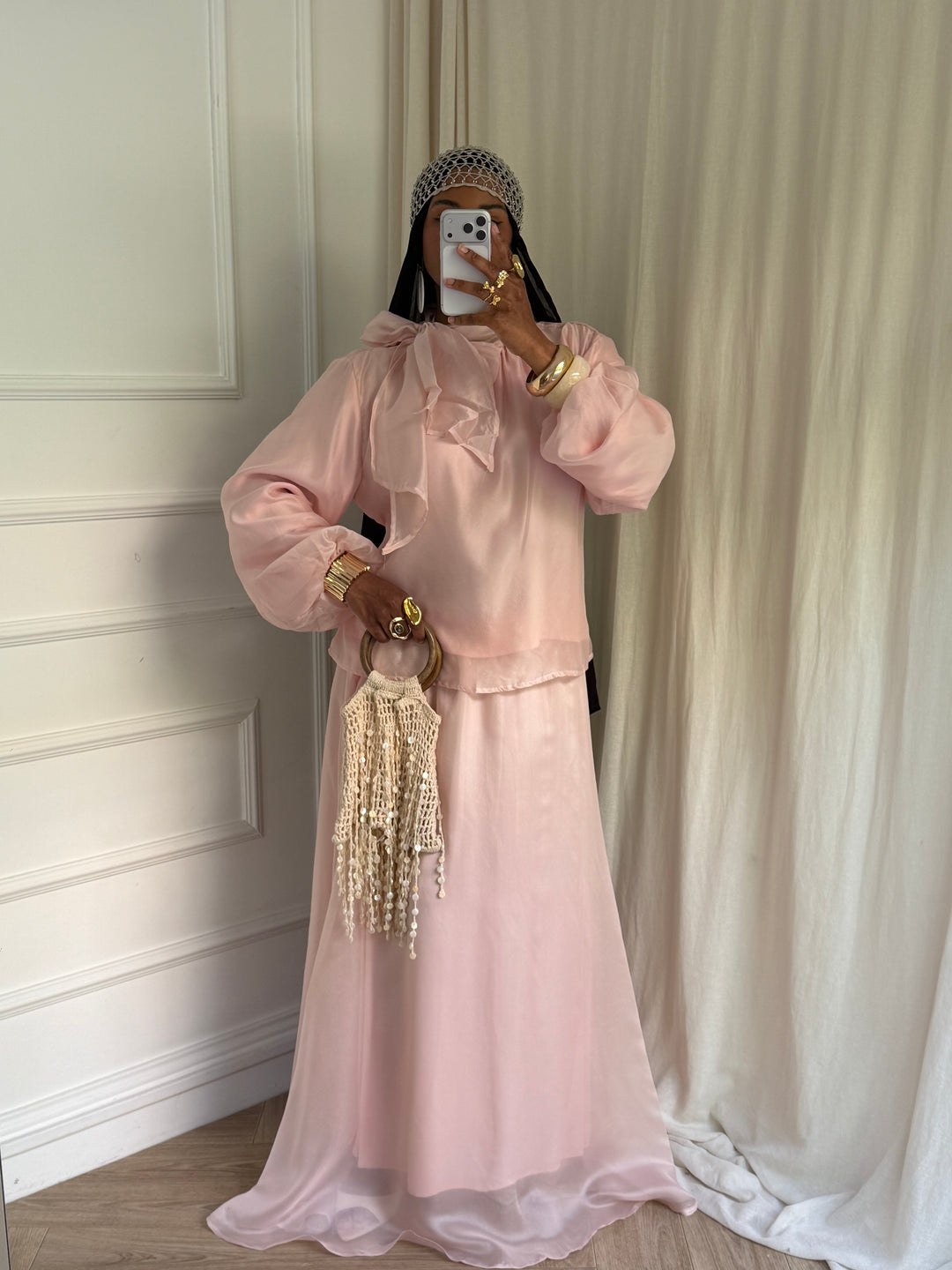 ENSEMBLE BLOUSE ET JUPE ORGANZA ROSE