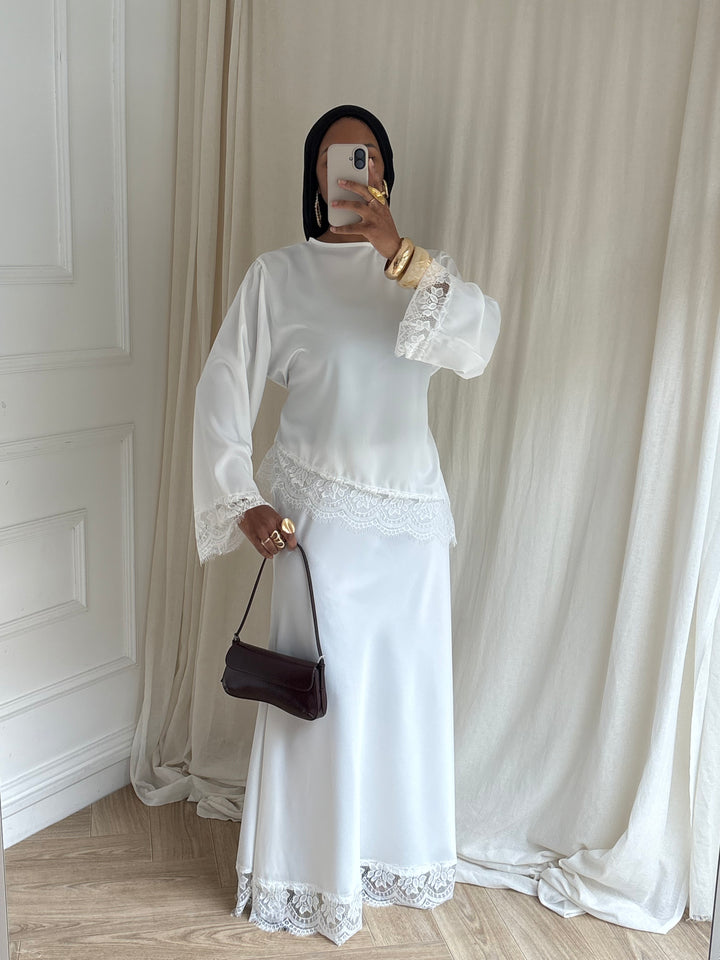 SET SATIN ET DENTELLE BLANC