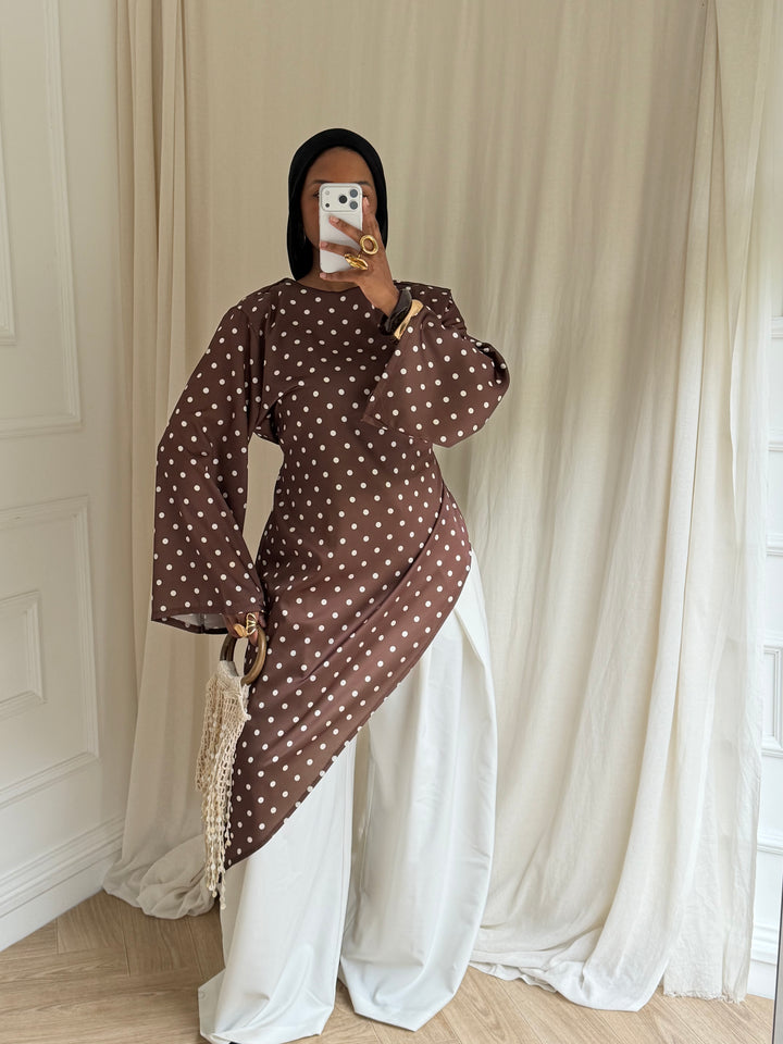 BLOUSE LONGUE À POIS MARRON