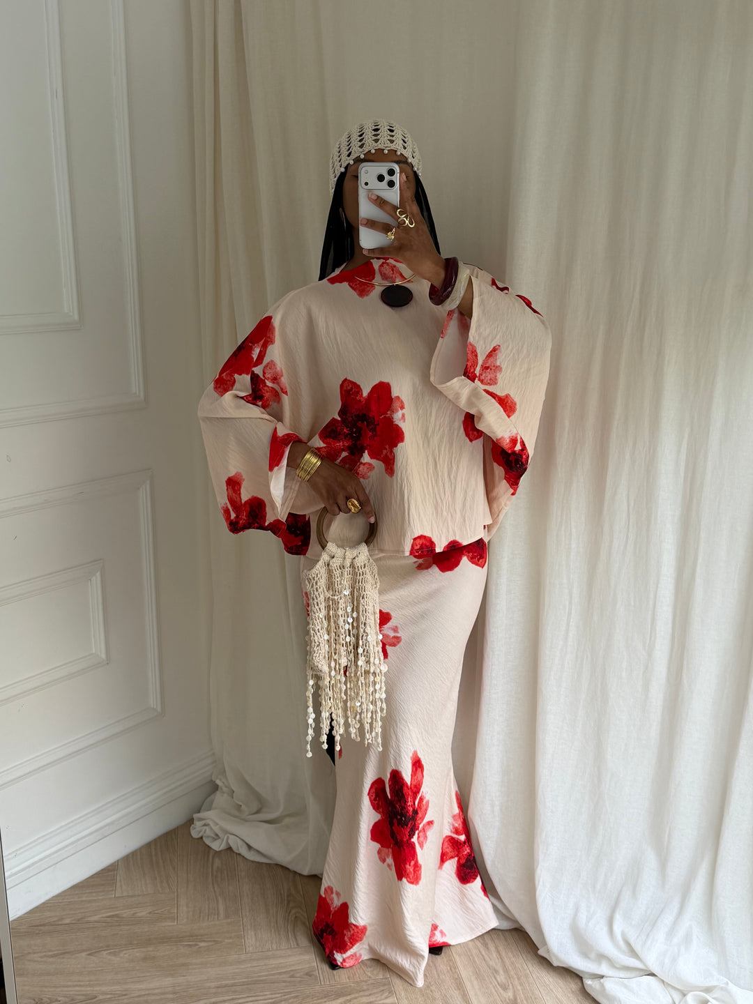 ENSEMBLE SUMMER JUPE FLEURS BEIGE ET ROUGE