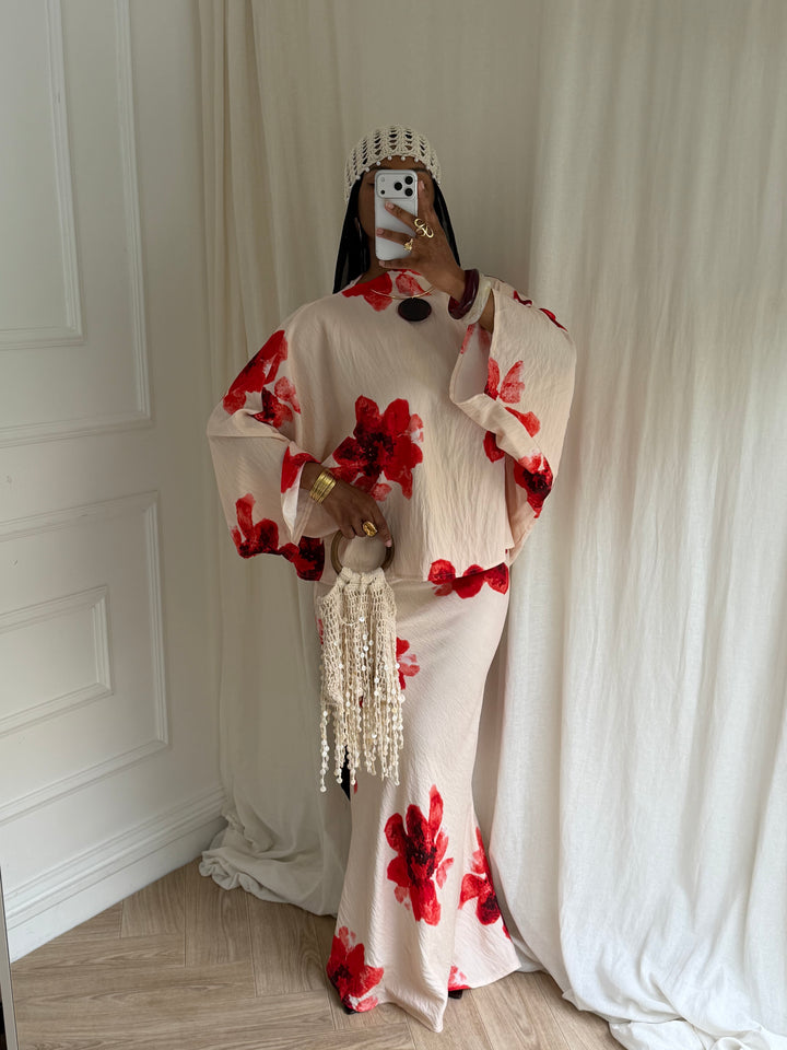 ENSEMBLE SUMMER JUPE FLEURS BEIGE ET ROUGE
