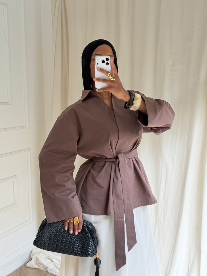 TOP OVERSIZE A CEINTURE COTON MARRON