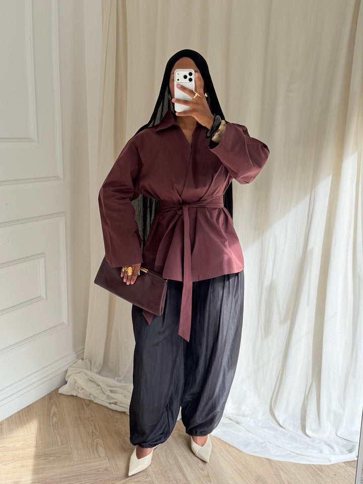 TOP OVERSIZE A CEINTURE COTON BORDEAUX