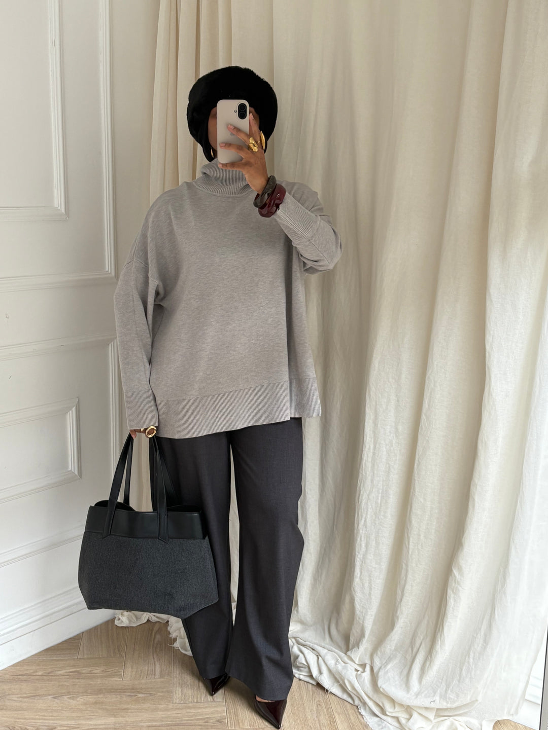 PULL FIN COL ROULÉ GRIS CLAIR