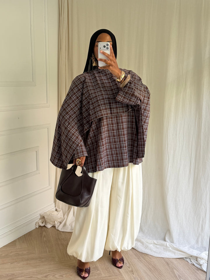 BLOUSE CARREAUX AVEC CAPE COFFEE BLUE