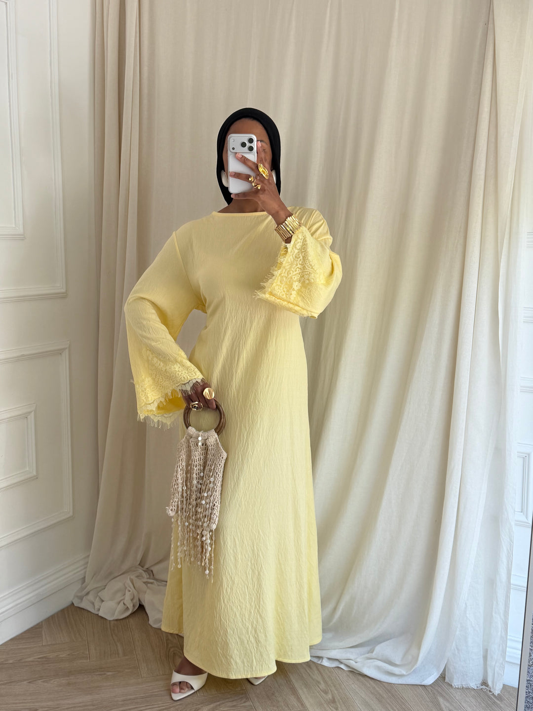 ROBE MANCHE DENTELLE PRINTEMPS JAUNE
