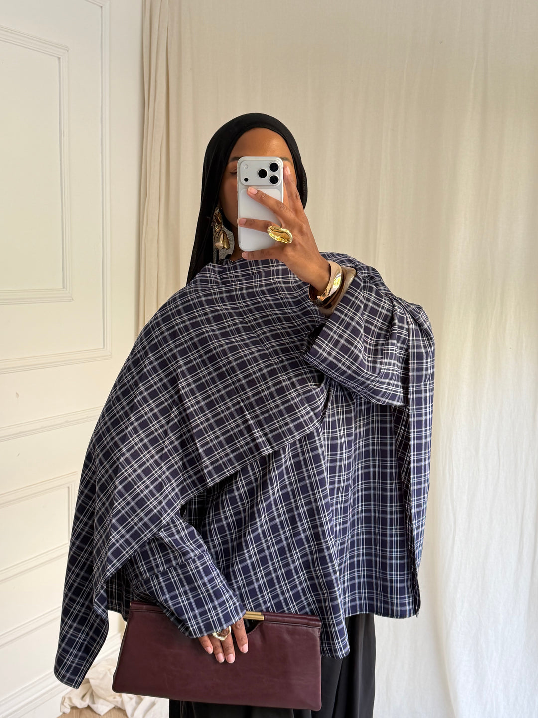 BLOUSE CARREAUX AVEC CAPE BLUE