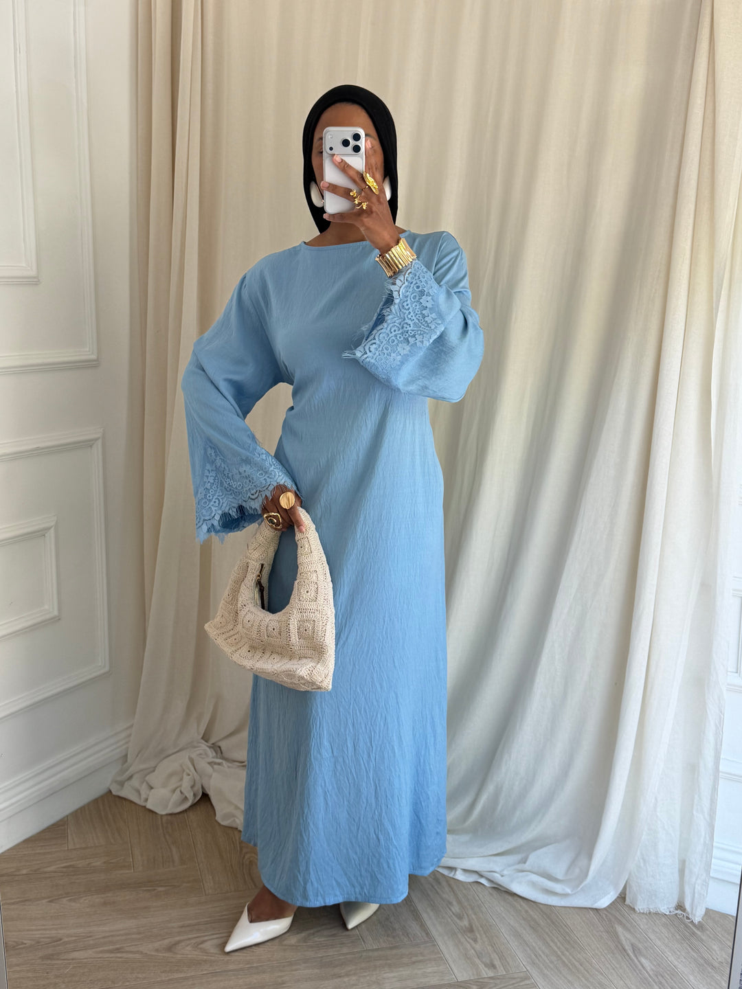 ROBE MANCHE DENTELLE PRINTEMPS BLEU CIEL